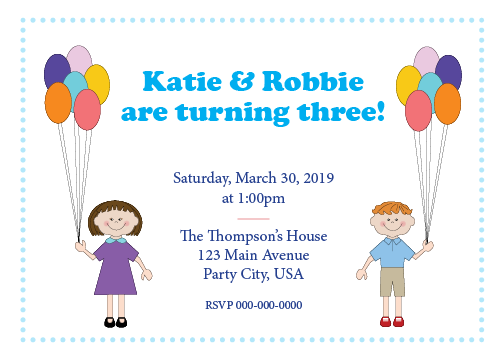 Birthday Party Invitation - Twins with Bunches of Balloons - Cute Customized Twins Characters - Personalized Quality Printed Invitations