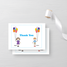 Load image into Gallery viewer, Thank You Notes - Twins with Bunches of Balloons - Cute Customized Twins Characters - Quality Printed Note Cards