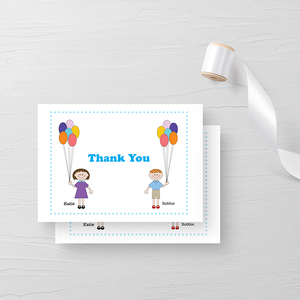 Thank You Notes - Twins with Bunches of Balloons - Cute Customized Twins Characters - Quality Printed Note Cards