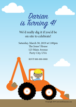 Load image into Gallery viewer, Kids Birthday Party Invitation - Construction Backhoe Theme - Cute Customized Character - Quality Printed Invitations