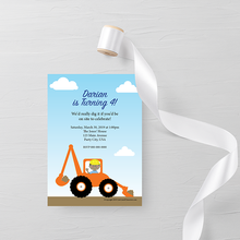 Load image into Gallery viewer, Kids Birthday Party Invitation - Construction Backhoe Theme - Cute Customized Character - Quality Printed Invitations