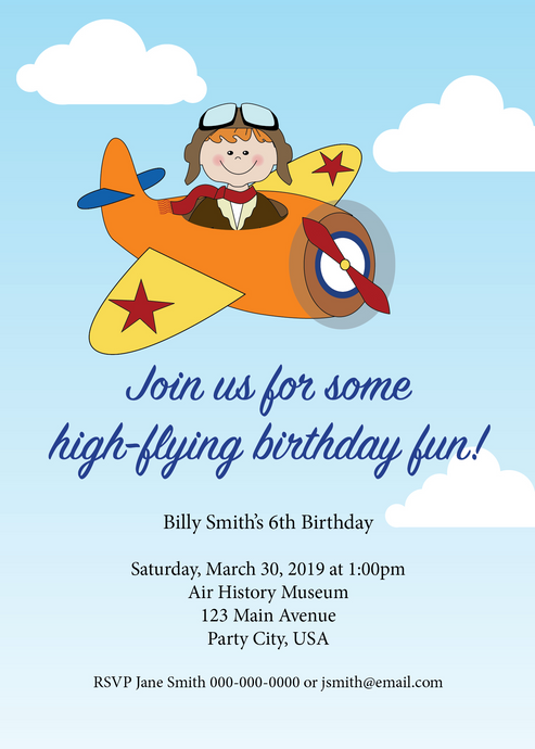 Kids Birthday Party Invitation - Retro Pilot and Airplane Character Theme - Cute Customized Character - Quality Printed Invitations