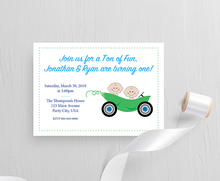 Load image into Gallery viewer, Kids Birthday Party Invitation - Two Peas in a Pod Car - Cute Customized Twin Characters - Quality Printed Invitations