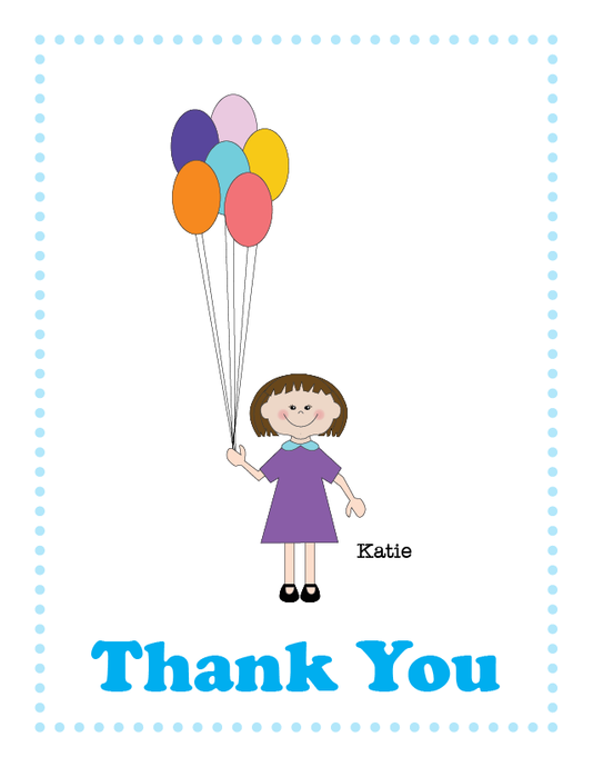 Kids Thank You Notes - Bunch of Balloons - Cute Customized Characters - Quality Printed Notecards