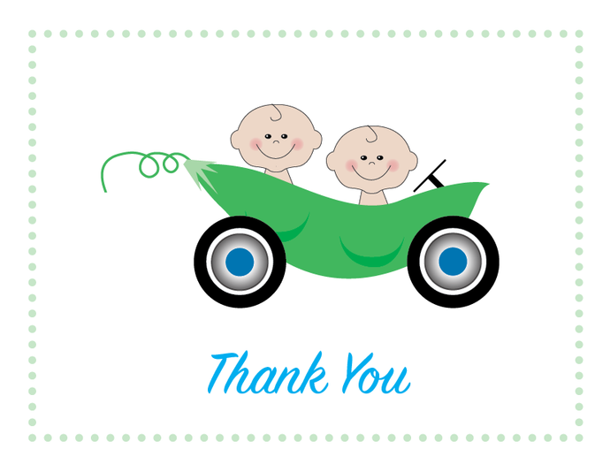 Thank You Notes - Two Peas in a Pod Car - Cute Customized Twin Characters - Quality Printed Notecards